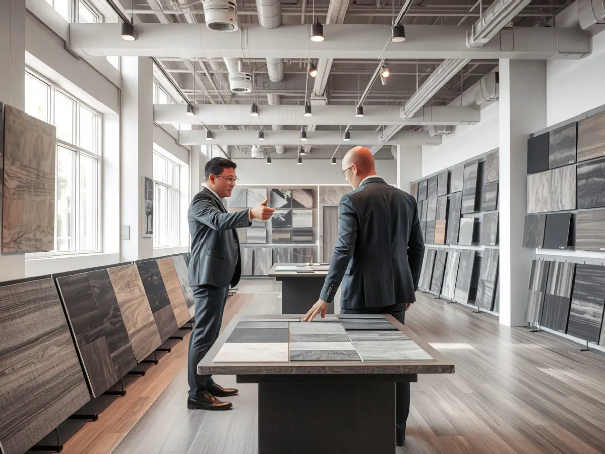 同德现代仿古地砖展示场景，客户在展厅查看哑光地砖样品