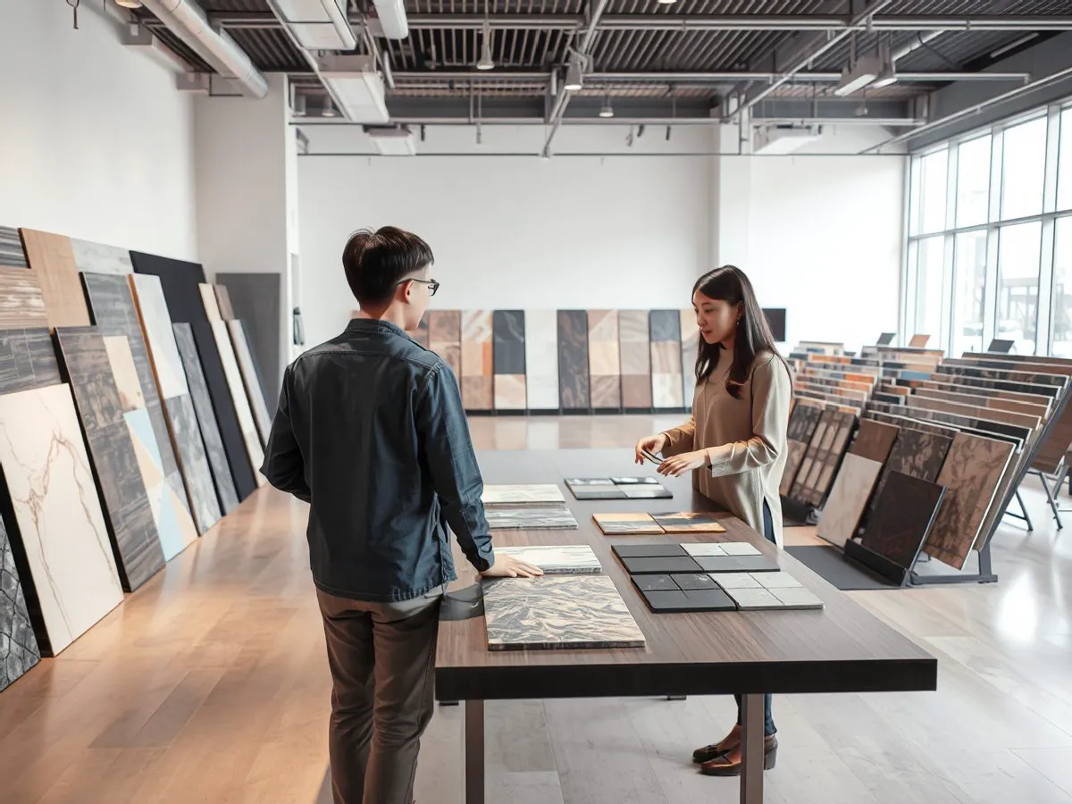 同德瓷砖展示厅内景，展示多种花色瓷砖产品