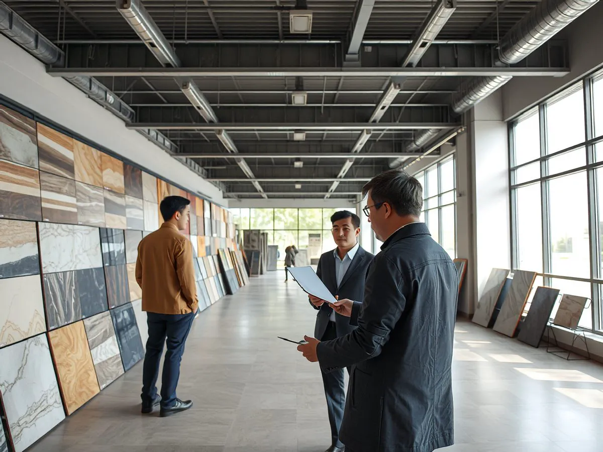 同德瓷砖展厅，顾问正在为客户介绍产品